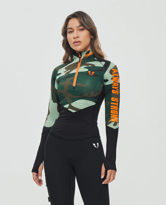 Top met lange mouwen en halve rits - Groene camouflage