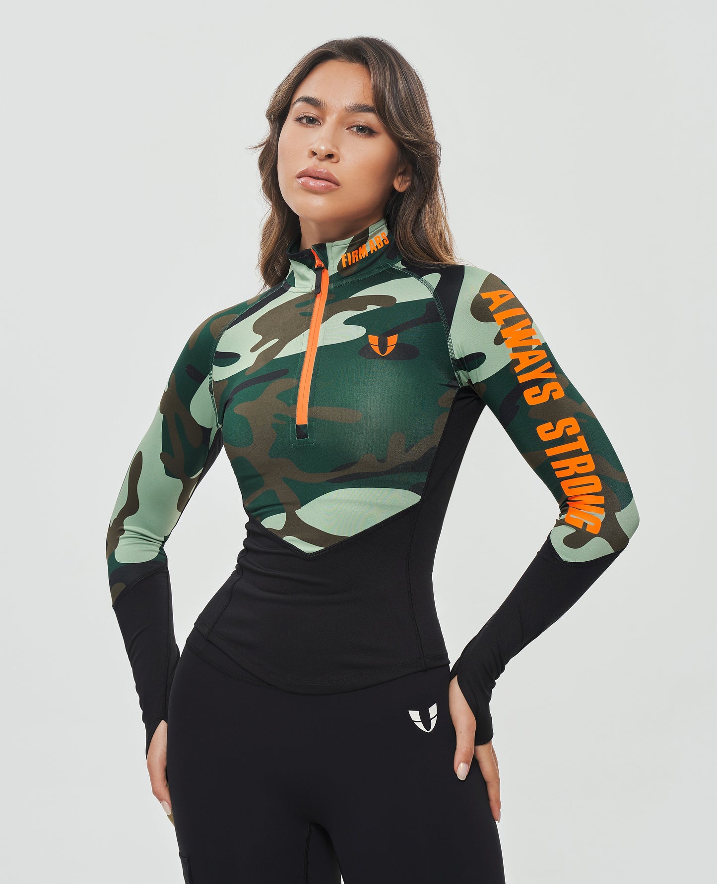 Top met lange mouwen en halve rits - Groene camouflage